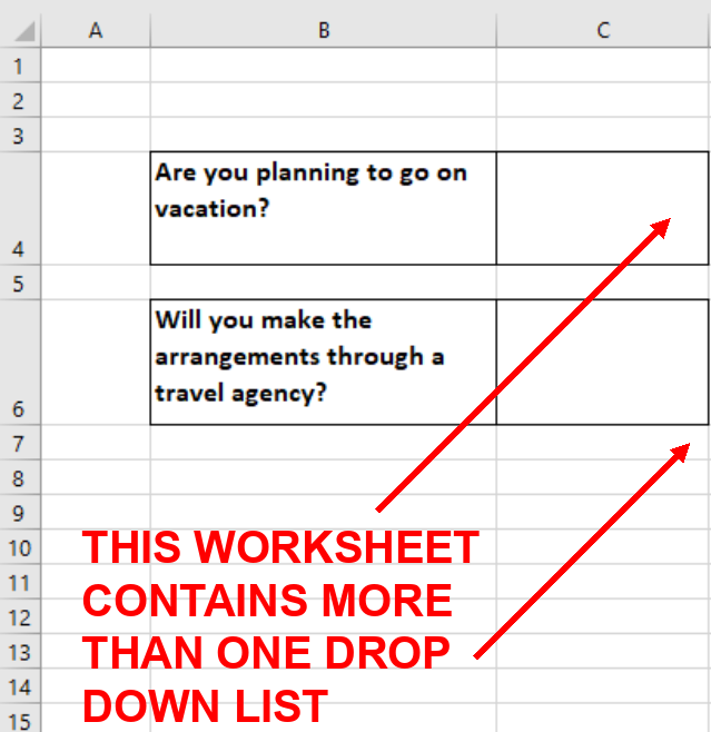 Screenshot showing a worksheet with two cells that contain drop down lists