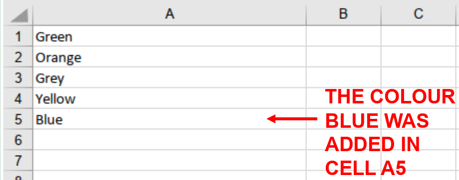 Screenshot showing the colour blue was added to cell A5 in the source worksheet