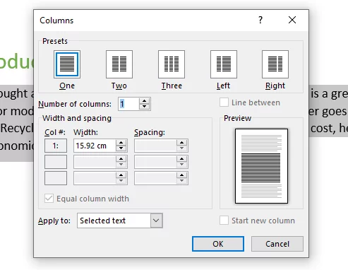 Shows the columns dialog box