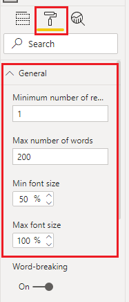 Updating the text size options for our word cloud.