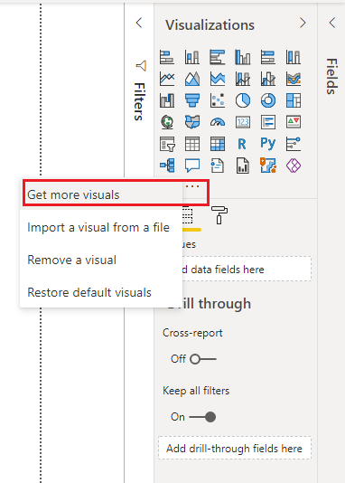 Selecting the 'Get more visuals' option to access the Microsoft Power BI marketplace.