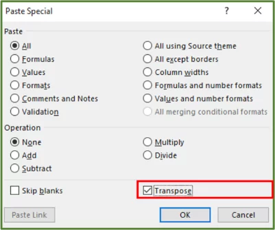 Screenshot showing the Paste Special Dialog Box with the Transpose option highlighted.