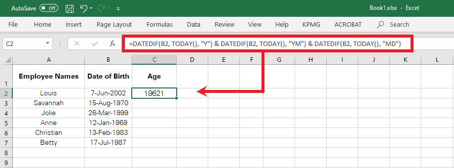 Concatenating three DATEDIF functions