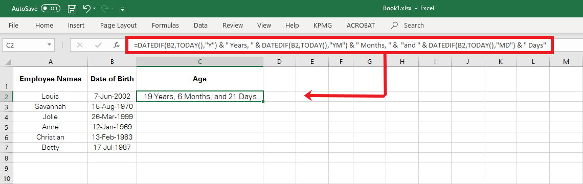 Output in terms of years, months, and days