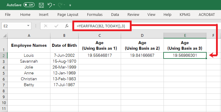 Using the YEARFRAC function to find age using Basis as 3