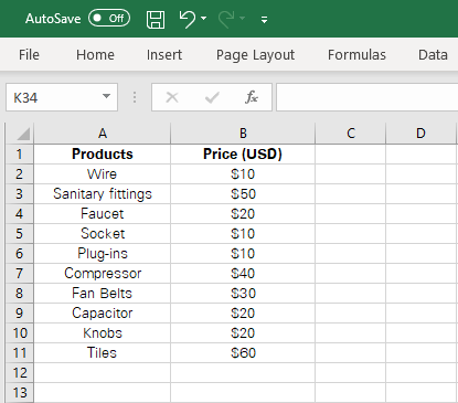 Product prices in USD