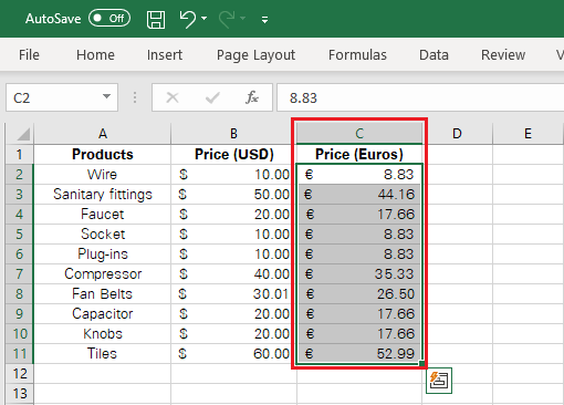 Excel replaces the USD prices with Euro Prices