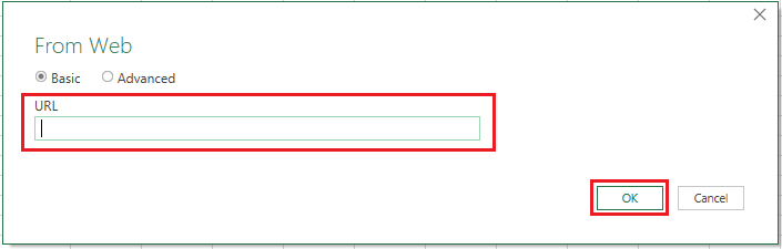 Import data dialogue box