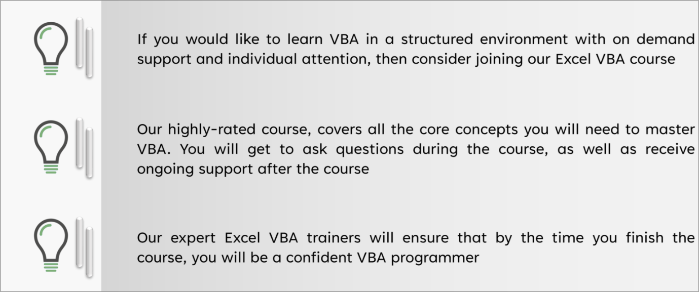 Screenshot showing all the reasons to join the Acuity VBA training course.