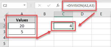 Excel runs the DIVISION function