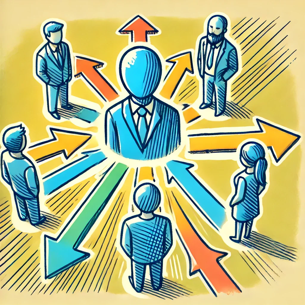 Cartoon depicting arrows coming out of a central figure to employees