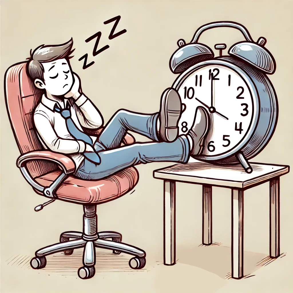 Cartoon showing a person sleeping at their chair with a large clock on their table