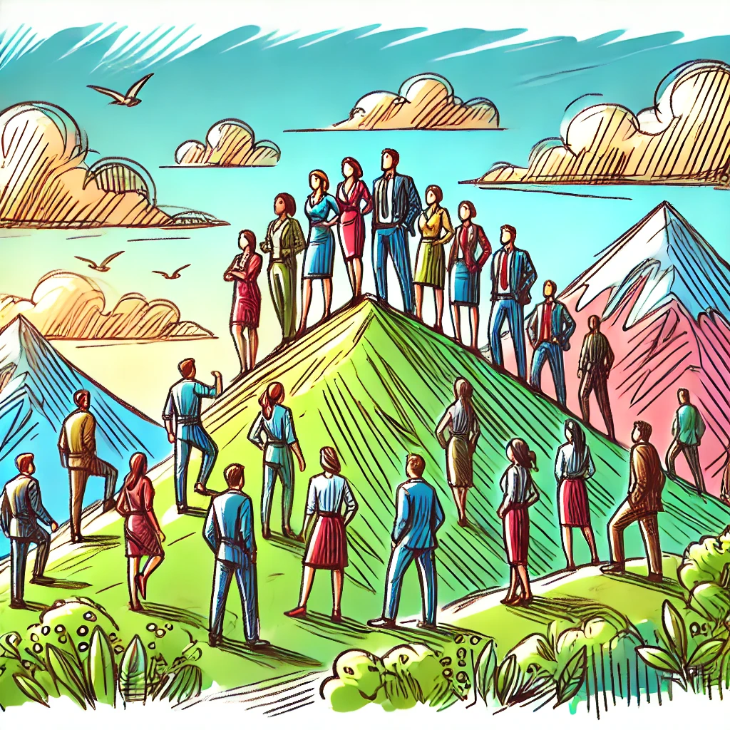 Cartoon depicting employees standing up a mountain