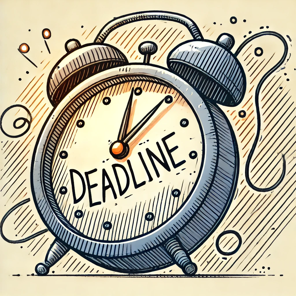 Cartoon showing a clock with the word "deadline" on it