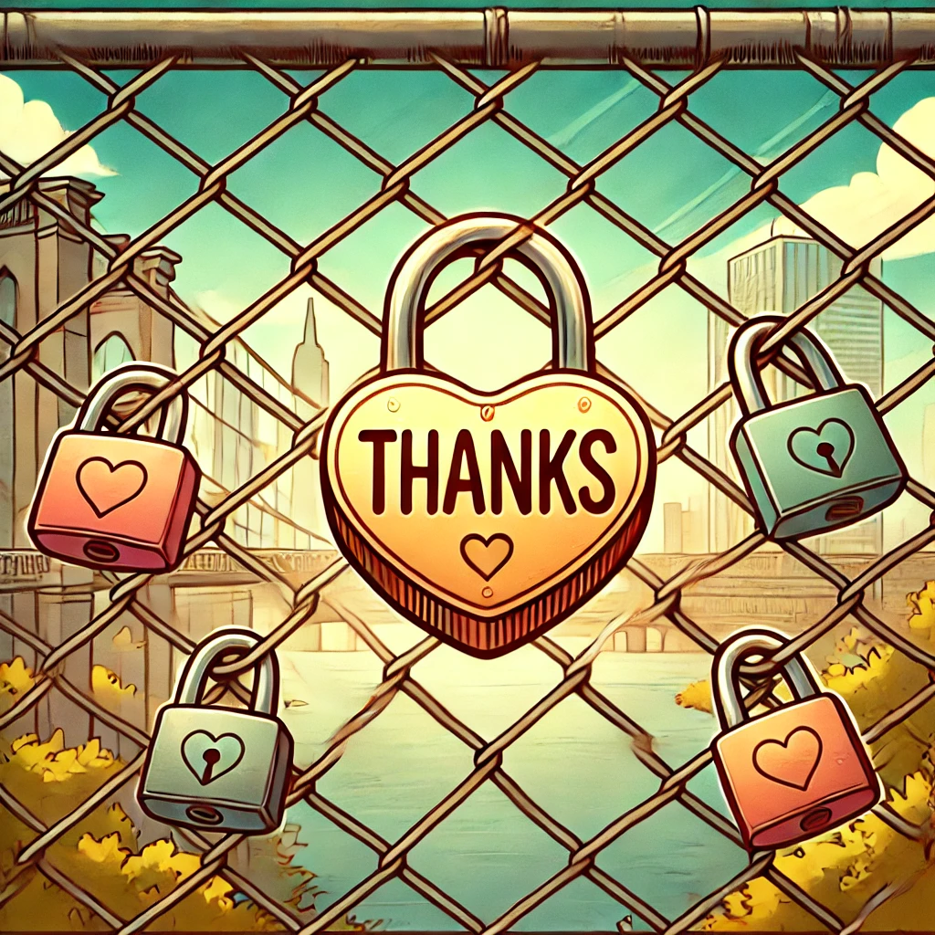 Graphic showing a "thank you" lock on a chain link fence