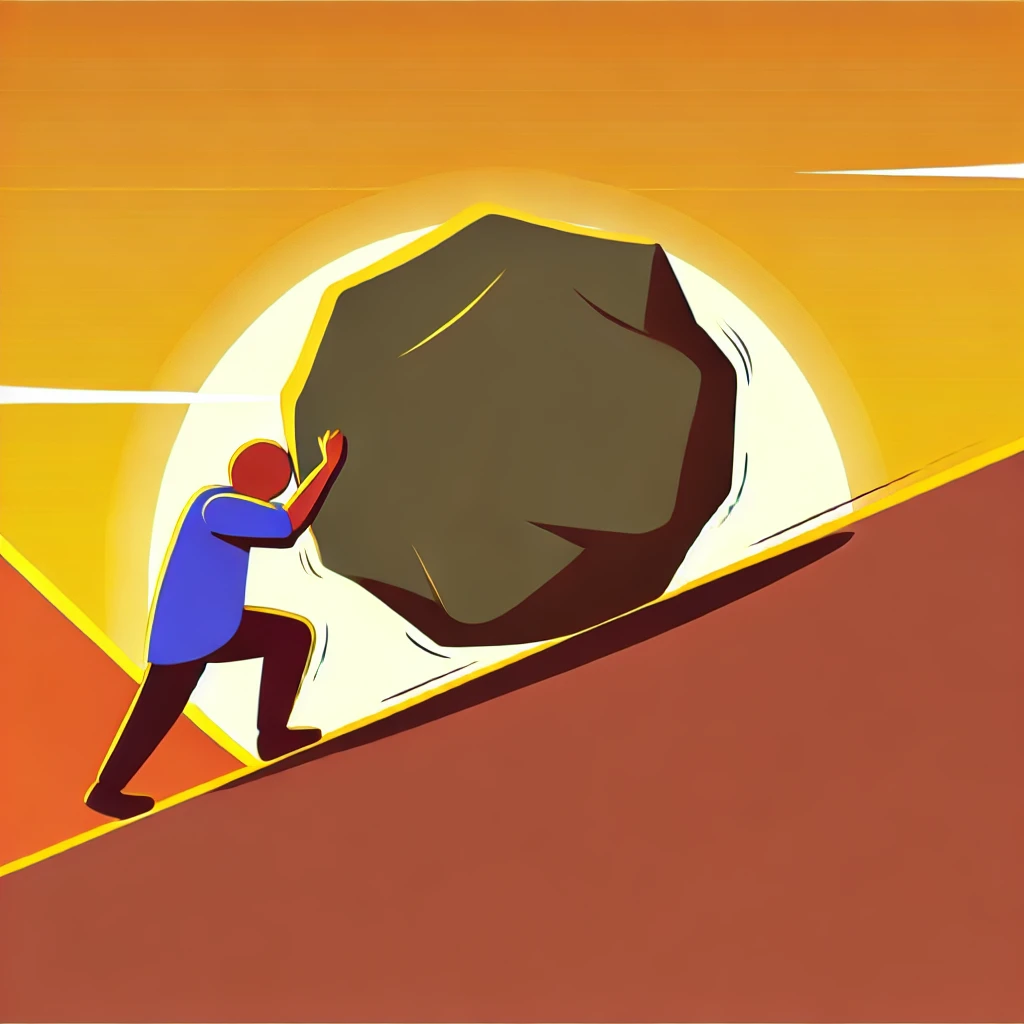 Cartoon depicting a person pushing a boulder up a hill