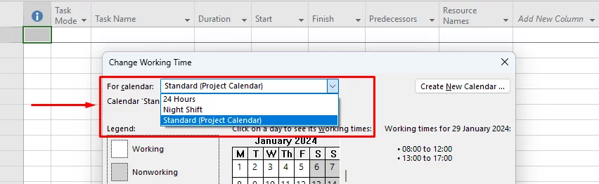 Changing working times in Microsoft Project