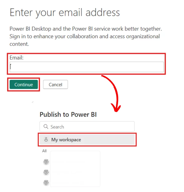 The email field to fill out and workplace selection