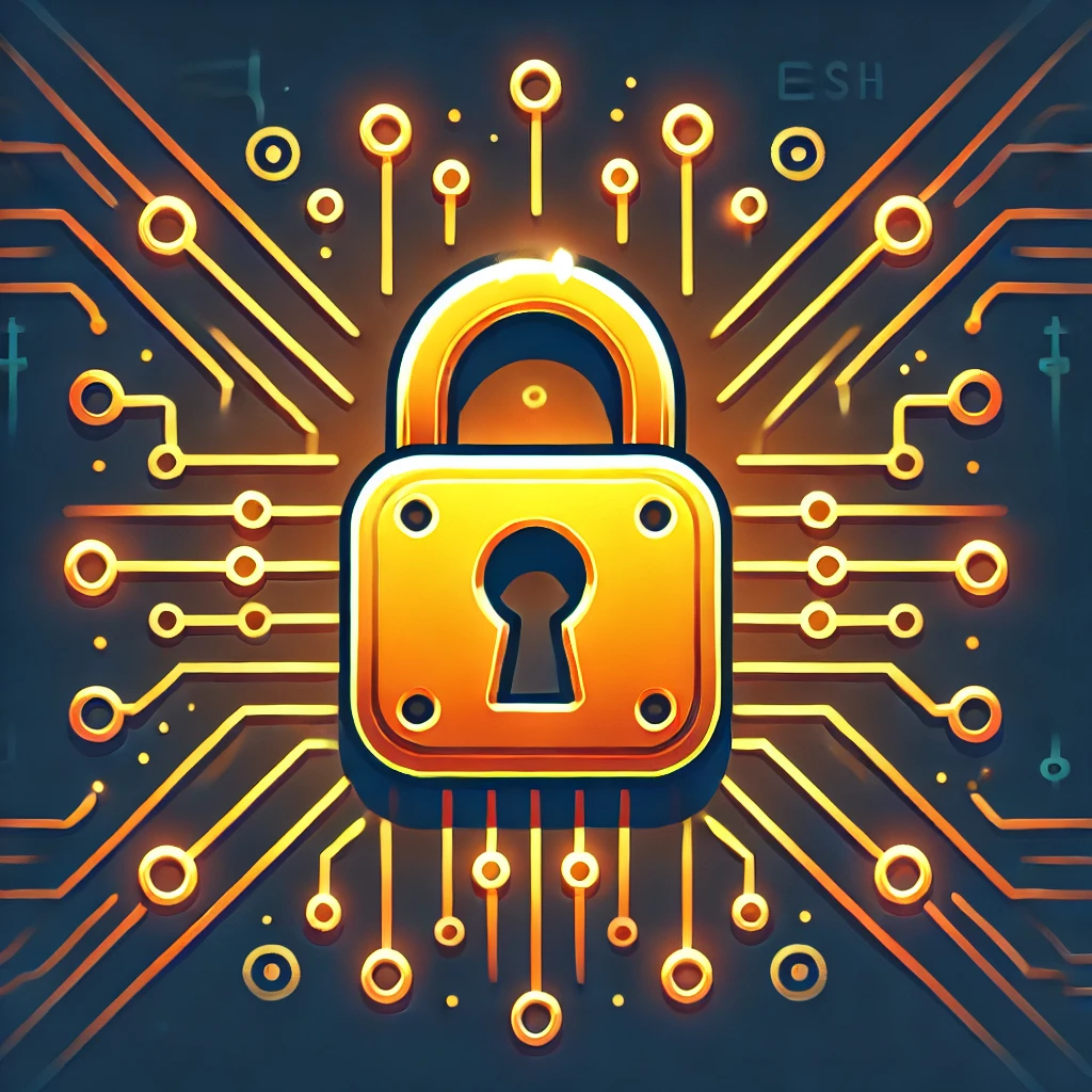 Graphic of a lock on top of a tech layout