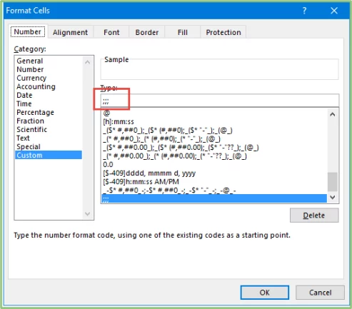 Format Cells dialogue box with Custom option highlighted and the Type ;;; highlighted.