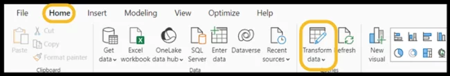 Power BI ribbon. Home and Transform data button highlighted.