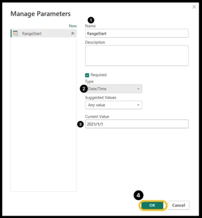 Manage Parameters dialogue box. Steps numbered 1 to 4.