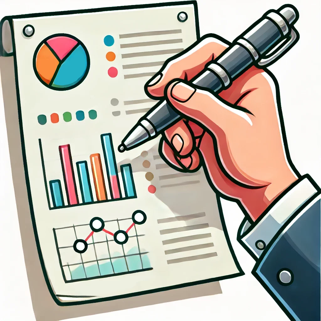 Cartoon showing a hand with a pen pointing at a document with graphs.