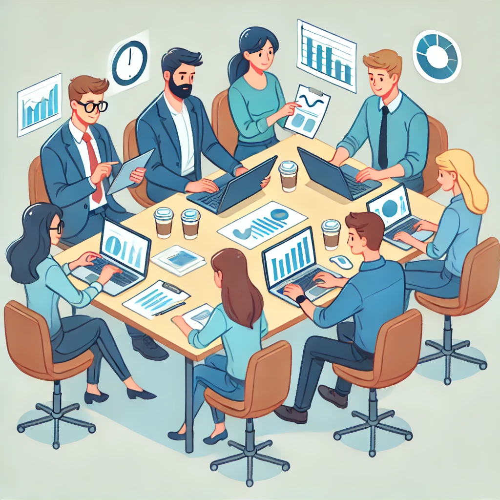 Simple cartoon showing people remotely accessing Excel charts