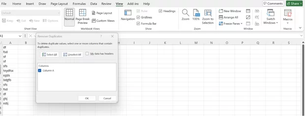 Screenshot of using Excel to remove duplicates