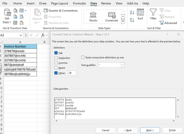Dialog box of the text to columns wizard